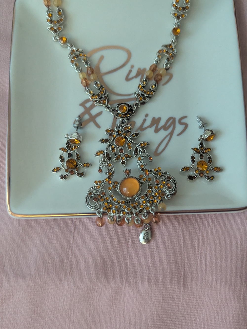 Silver-Tone Floral Pendant Necklace & Earring Set with Amber Accents